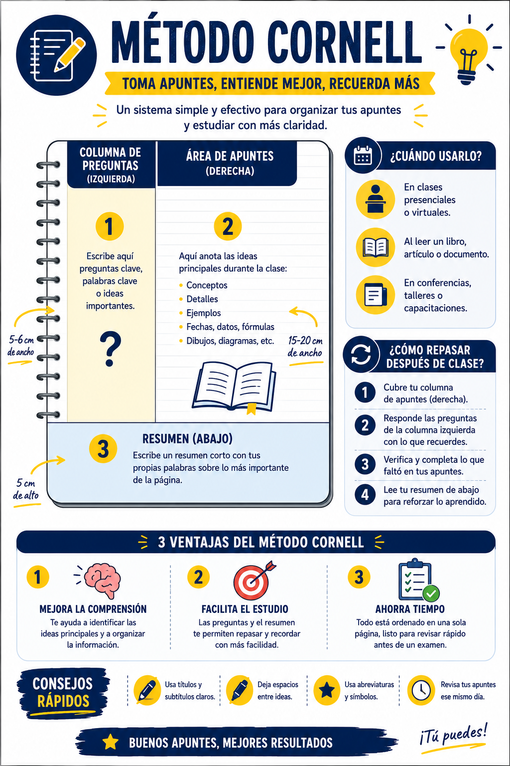 Infografía del método Cornell para tomar apuntes, adaptada para estudiantes de secundaria