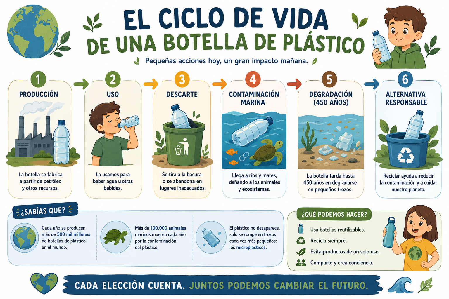 Infografía educativa sobre el ciclo de vida de una botella de plástico creada con ChatGPT-4o