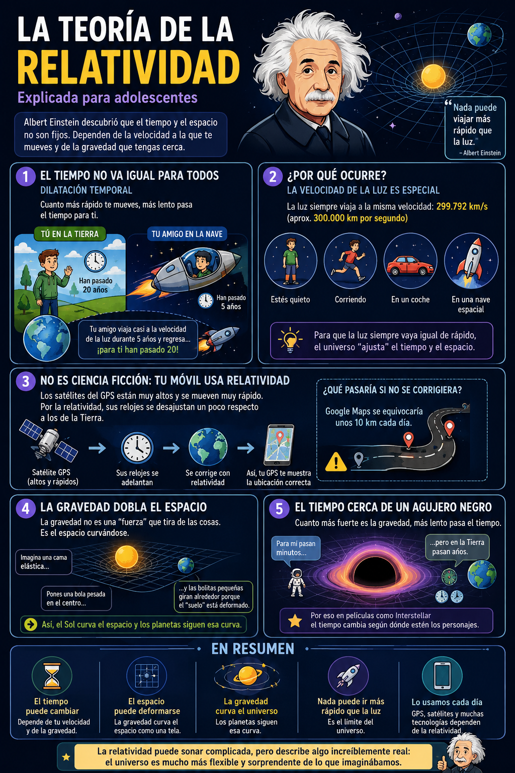Infograma educativo sobre la teoría de la relatividad de Einstein, creado con IA para adolescentes