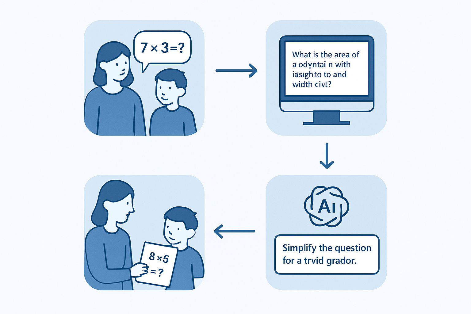 Diagrama que muestra cómo un enunciado escolar puede transformarse en versiones de distinta dificultad usando IA