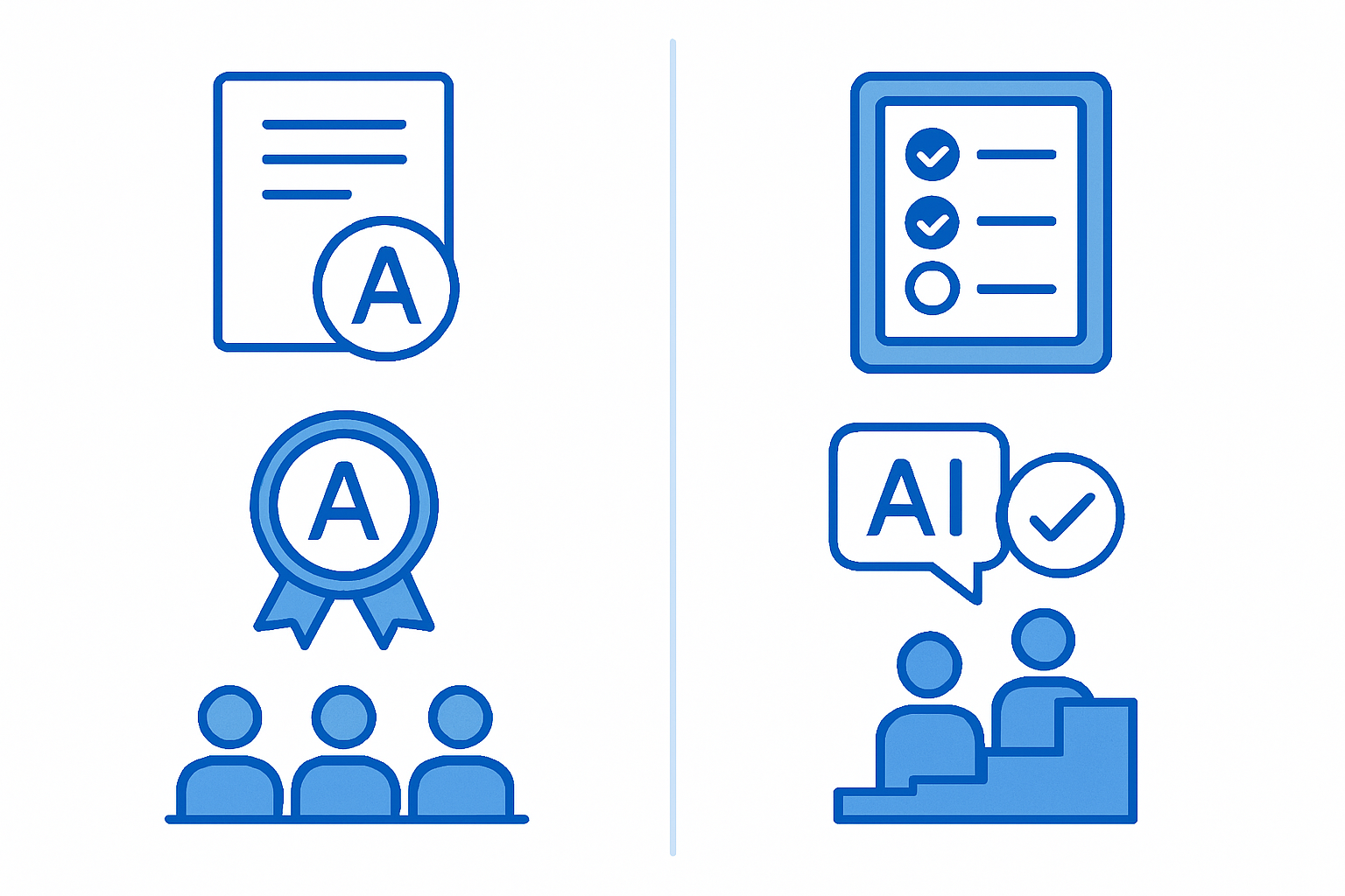 Diagrama que muestra la diferencia entre una evaluación tradicional igual para todos y una evaluación adaptativa con IA que se ajusta al nivel de cada alumno