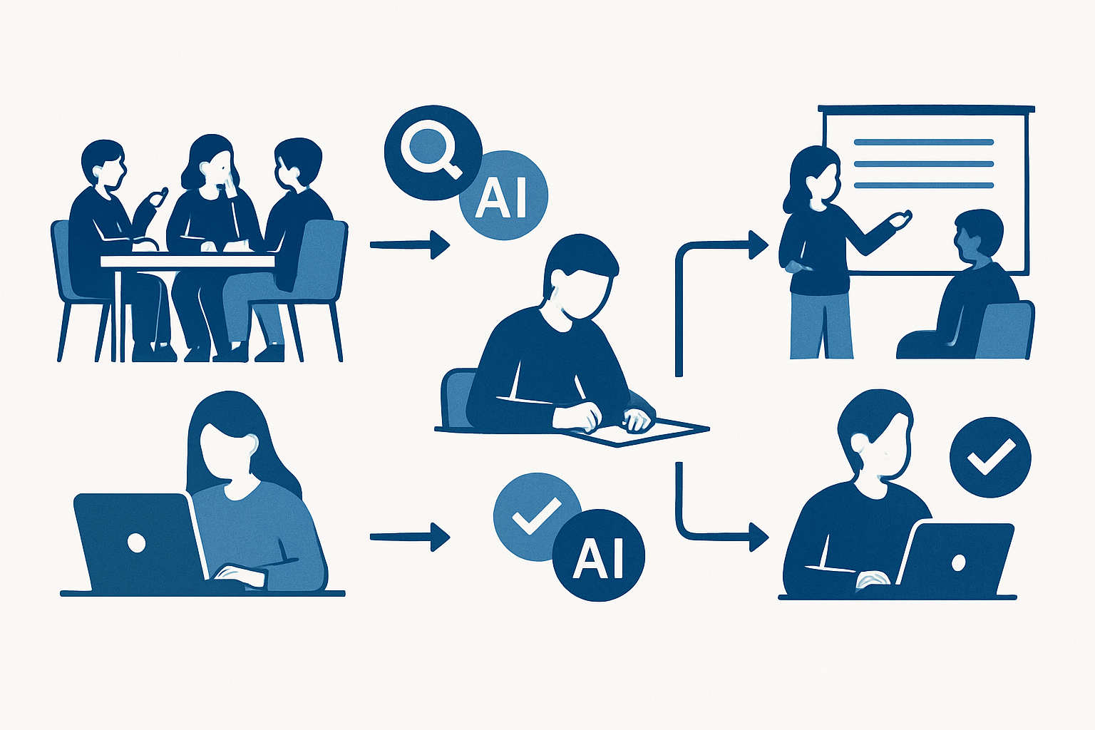 Diagrama que muestra cómo repartir roles en un trabajo grupal escolar con IA: qué hace cada alumno y qué hace la herramienta de inteligencia artificial