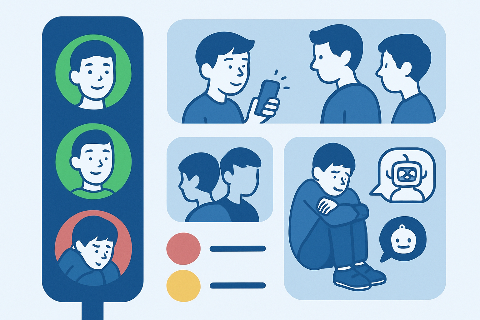 Adolescente chateando con un chatbot romántico en su habitación a oscuras, pantalla iluminando su cara