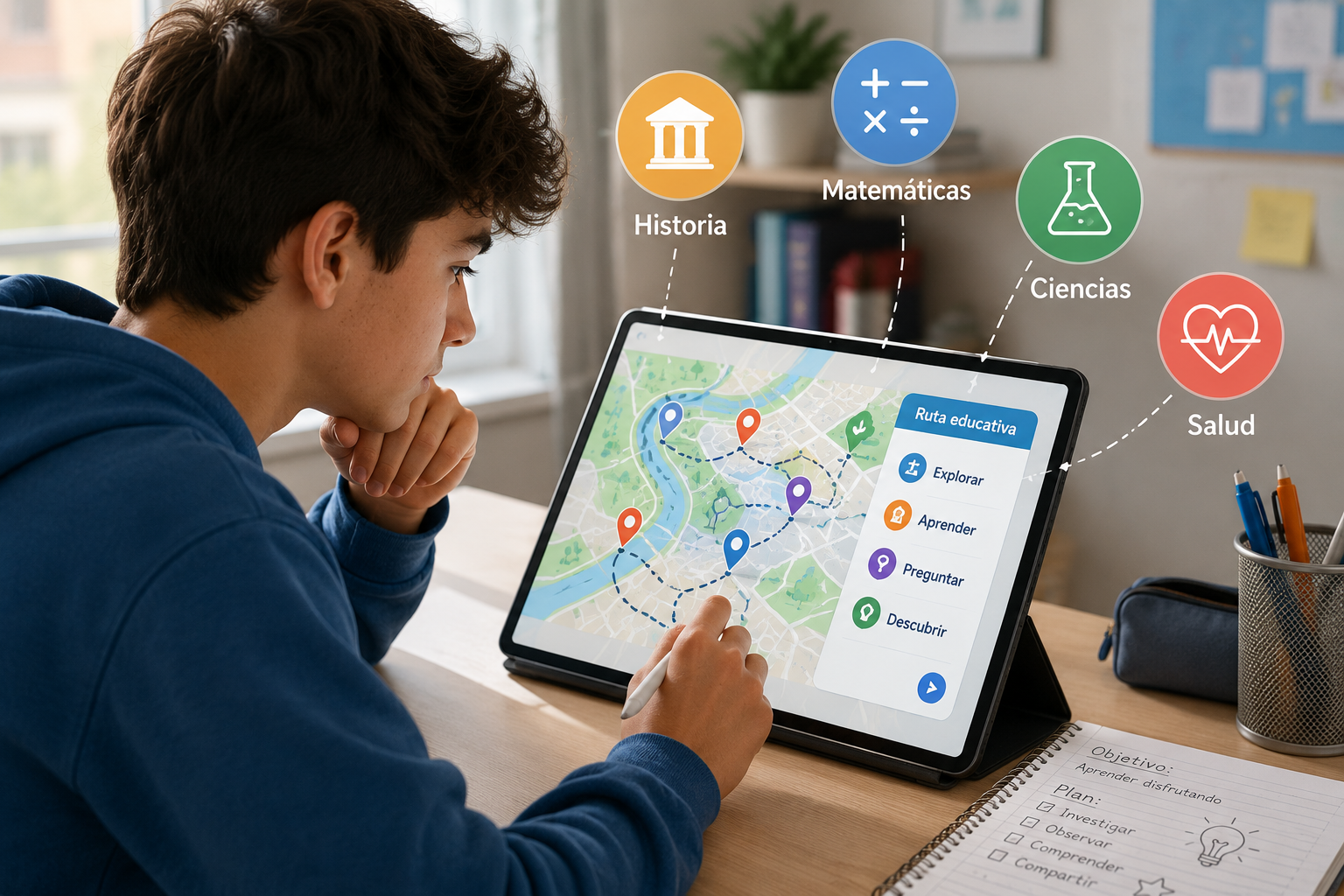 Adolescente mirando un mapa digital educativo con iconos de historia, matemáticas, ciencia y salud