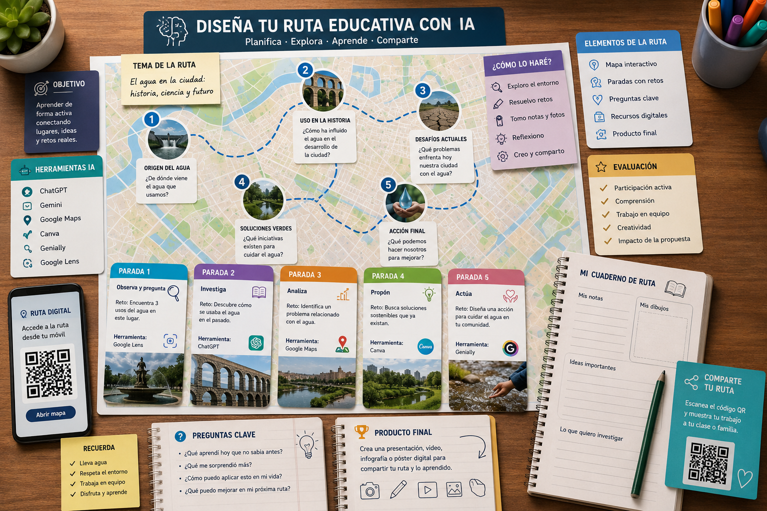 Tablero visual con mapa, tarjetas de paradas, iconos de IA, QR y cuaderno de actividades