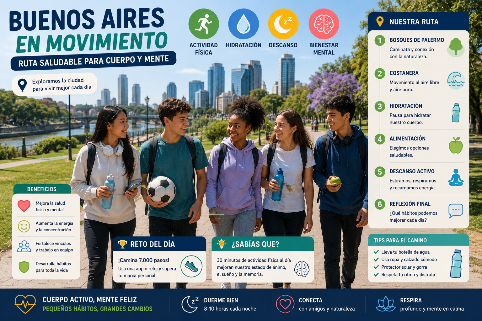 Adolescentes caminando por un parque urbano de Buenos Aires con iconos de salud, hidratación y descanso
